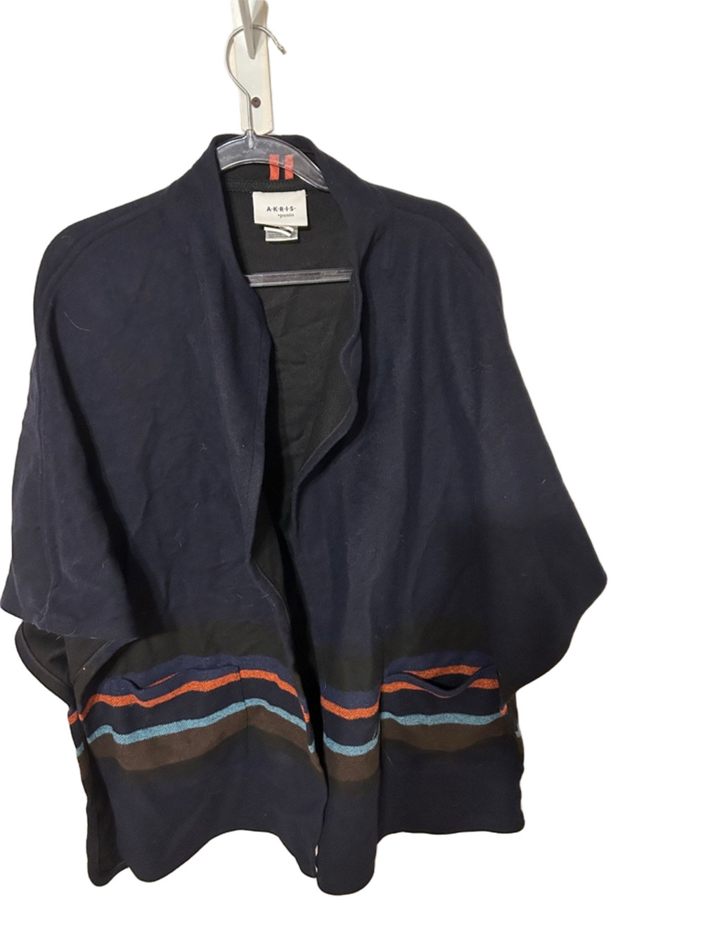 🐕‍🦺Akris  PUNTO Navy Cape with Rust, Teal and Brown Stripes size 6 GUC wool